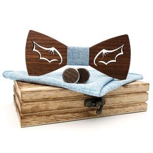 Handmade Wood Batwing Butterfly Bow Tie Cufflinks Blue Pocket Square Set